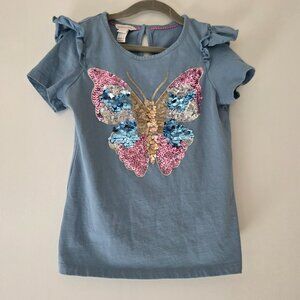 Girls Top T-Shirt Butterfly Sequin Sparkle Ruffle Cotton Sz 9-10 MONSOON England